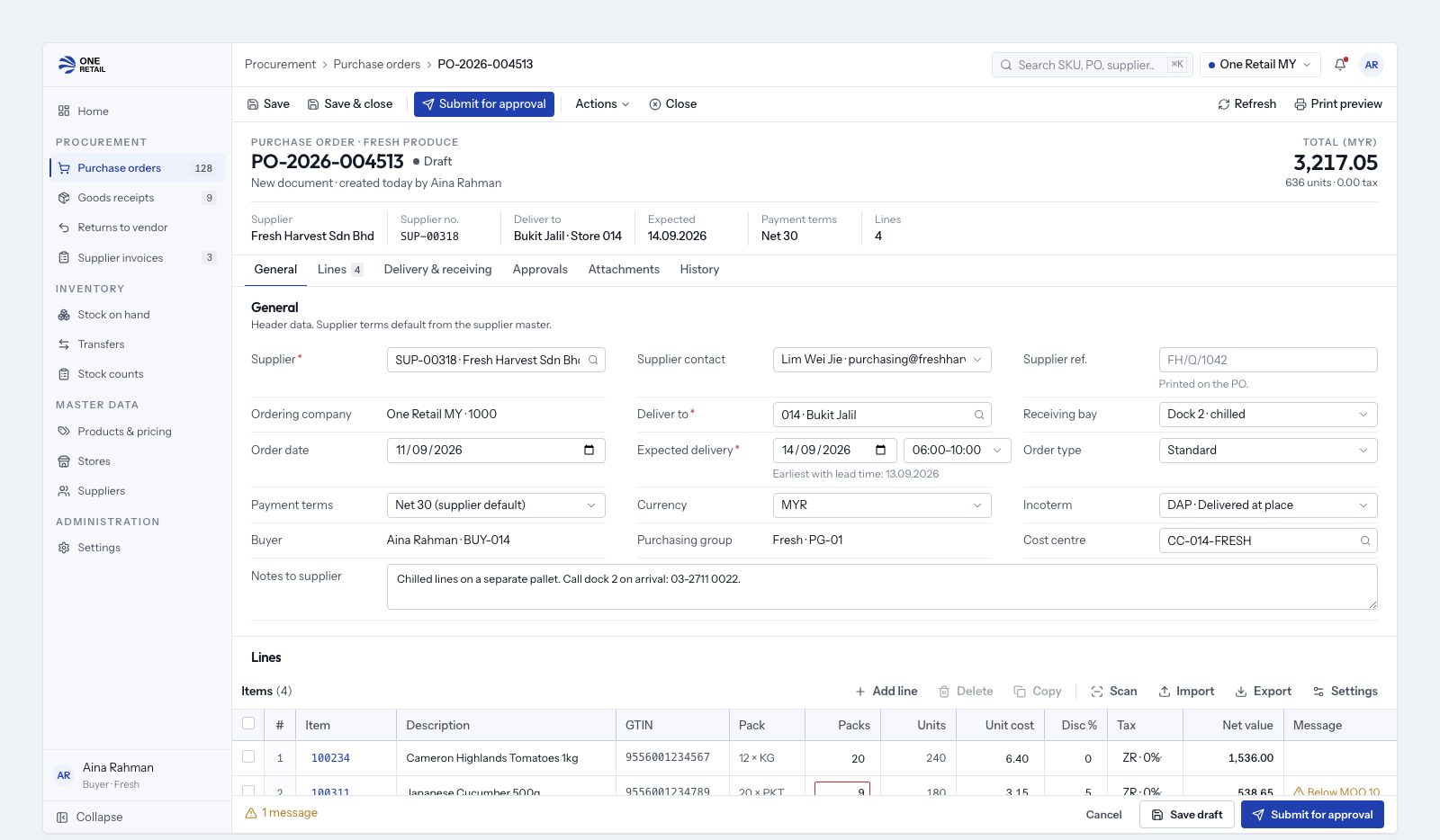 A purchase order with approvals, lines and totals