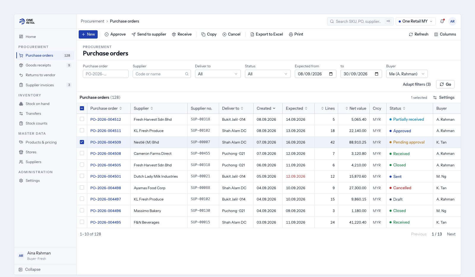 Purchase order worklist in the One Retail console