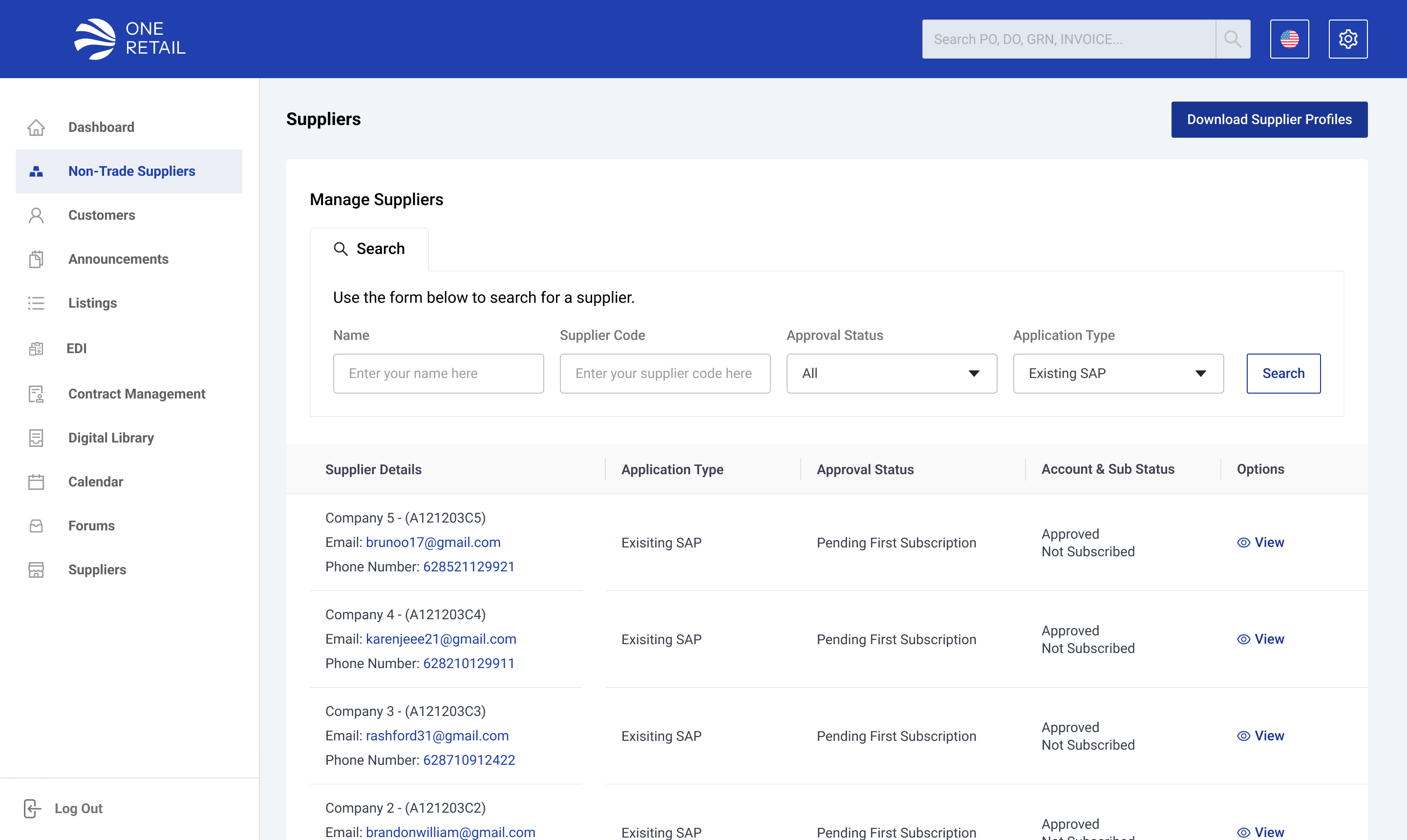 Non Trade Portal Interface